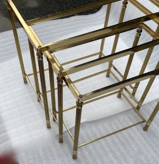 1970′ Maison Baguès Nesting Tables, 3 Black Mirror Tops and Fluted Uprights