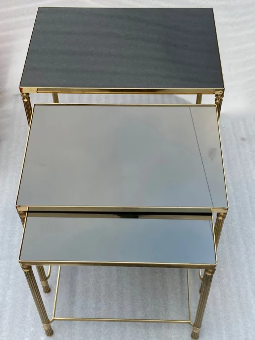 1970′ Maison Baguès Nesting Tables, 3 Black Mirror Tops and Fluted Uprights
