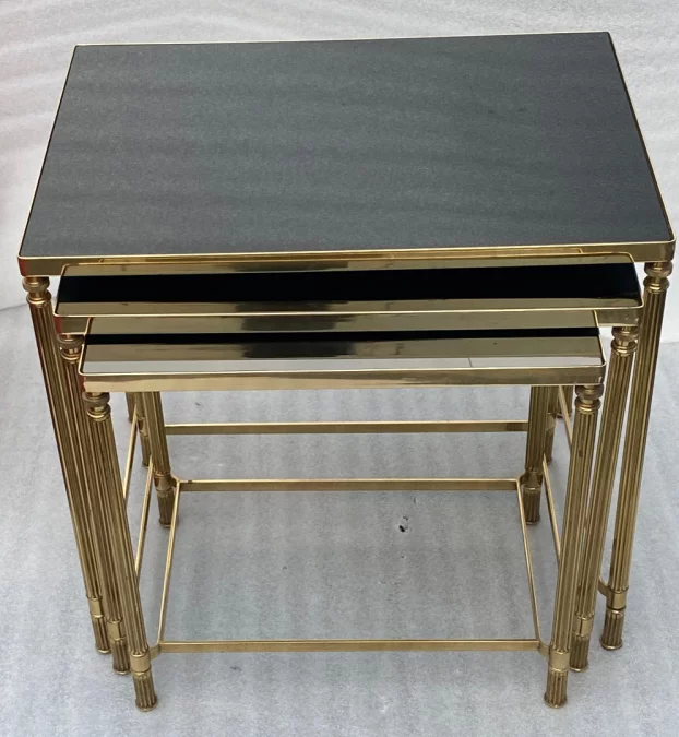 1970′ Maison Baguès Nesting Tables, 3 Black Mirror Tops and Fluted Uprights