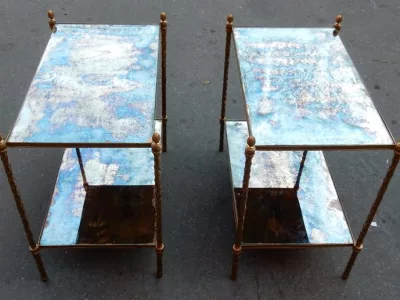 1970′ Pair of Maison Charles Style Gilt Bronze Palm Tree Upright Shelves