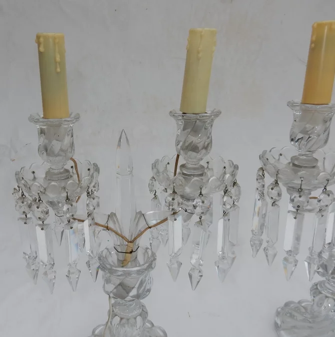 1950′ Pair of Baccarat Electrified Candlesticks Tors Model, Signed Cachet Baccarat
