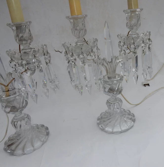 1950′ Pair of Baccarat Electrified Candlesticks Tors Model, Signed Cachet Baccarat