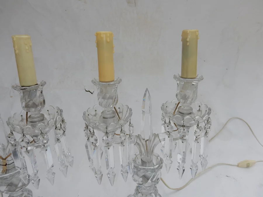 1950′ Pair of Baccarat Electrified Candlesticks Tors Model, Signed Cachet Baccarat