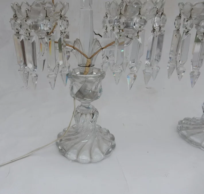 1950′ Pair of Baccarat Electrified Candlesticks Tors Model, Signed Cachet Baccarat