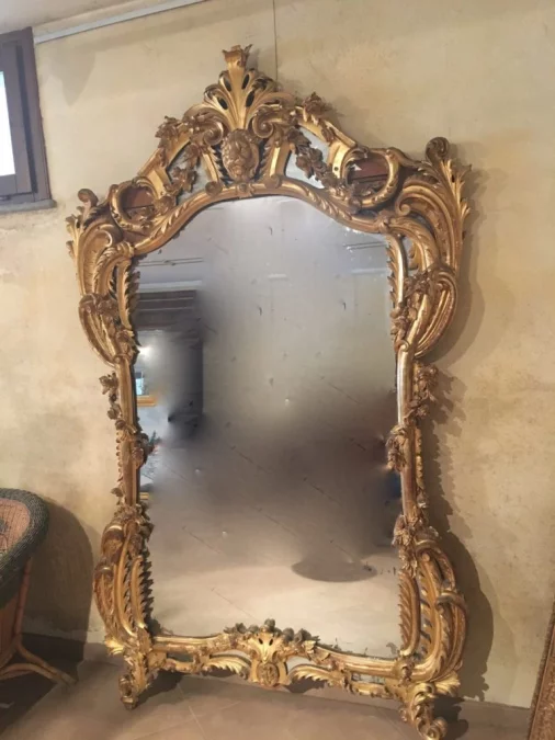 1850′ Louis 15 Style Mirror in Golden Wood Mercury Glass