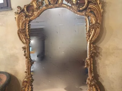 1850′ Louis 15 Style Mirror in Golden Wood Mercury Glass