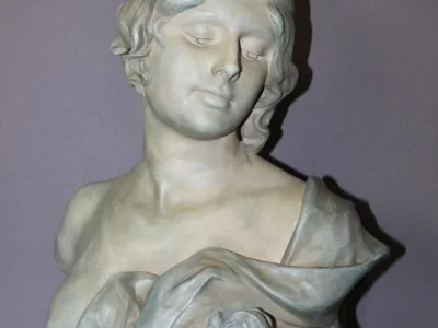 Buste De Jeune Femme En Céramique à Patine Bleu Vert Signé Bernstamm édition Emile Muller