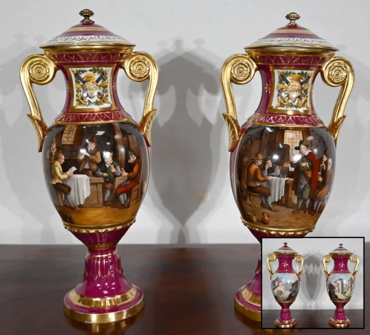 PAREJA DE JARRON DE PORCELANA DE PARIS