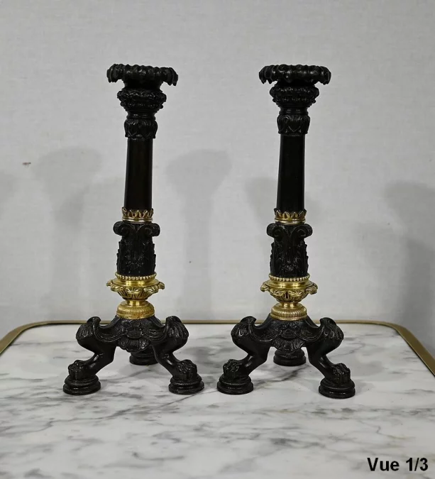 Paire de Bougeoirs en Bronze, époque Restauration – Début XIXe
