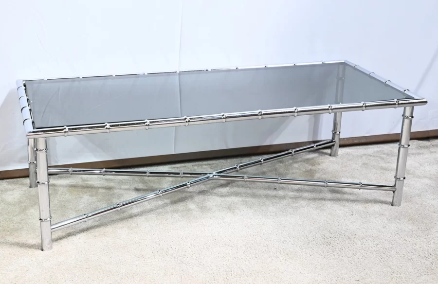 Table Basse en Métal Chromé, esprit Bambou – 1970