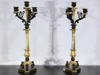 Paire de Chandeliers en Bronze à Double Patine, époque Restauration – Début XIXe