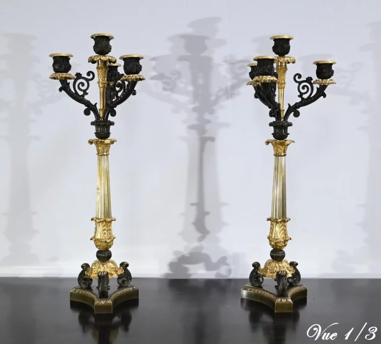 Paire de Chandeliers en Bronze à Double Patine, époque Restauration – Début XIXe