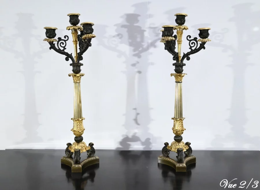 Paire de Chandeliers en Bronze à Double Patine, époque Restauration – Début XIXe