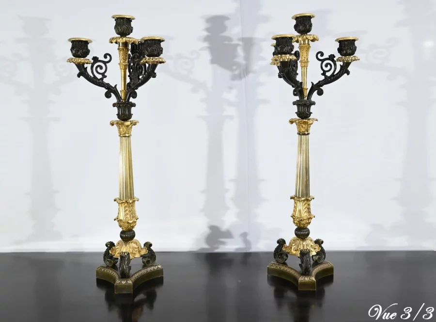 Paire de Chandeliers en Bronze à Double Patine, époque Restauration – Début XIXe