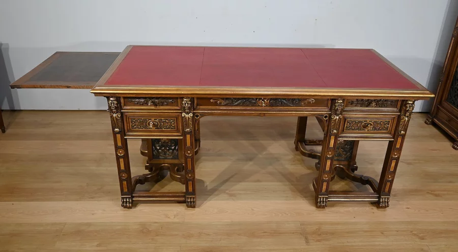 Rares Cabinet de Travail et Bureau en Noyer, Renaissance Italienne – 1900