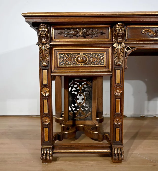 Rares Cabinet de Travail et Bureau en Noyer, Renaissance Italienne – 1900