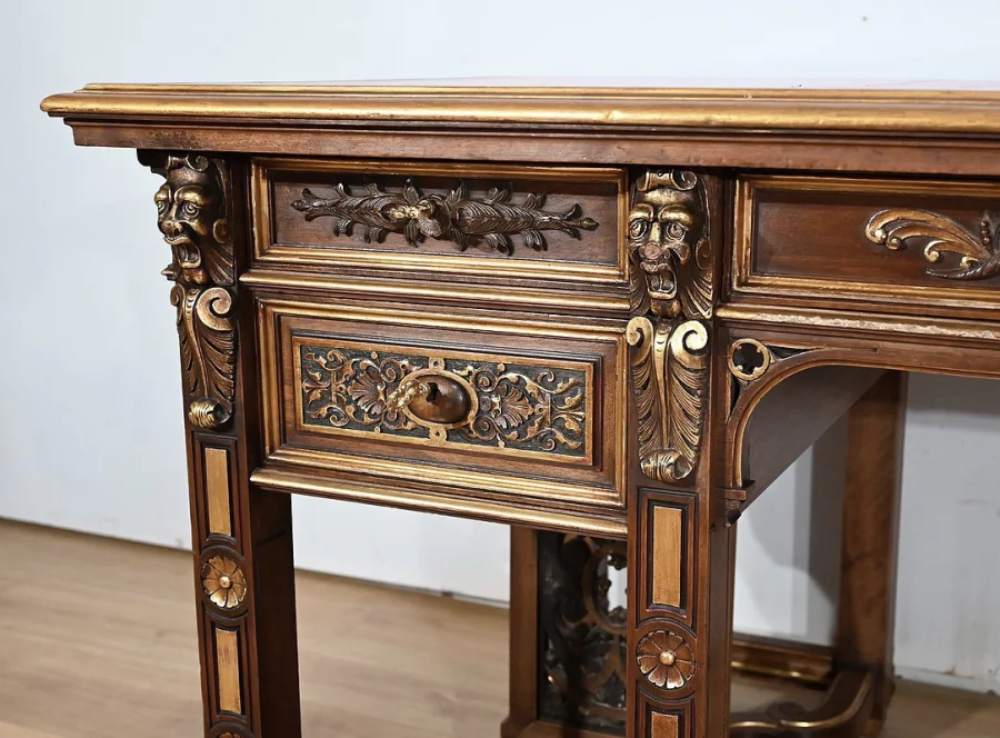 Rares Cabinet de Travail et Bureau en Noyer, Renaissance Italienne – 1900