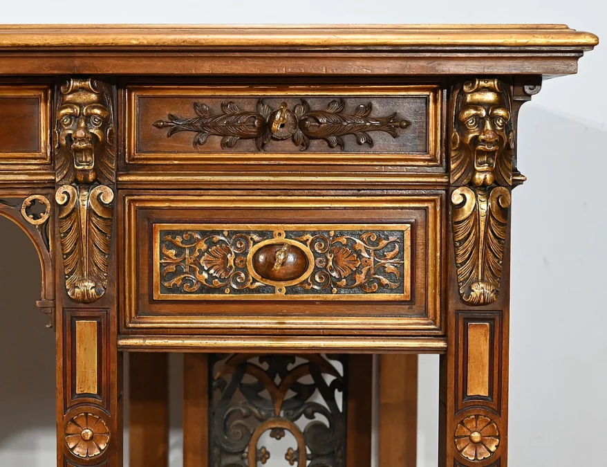 Rares Cabinet de Travail et Bureau en Noyer, Renaissance Italienne – 1900