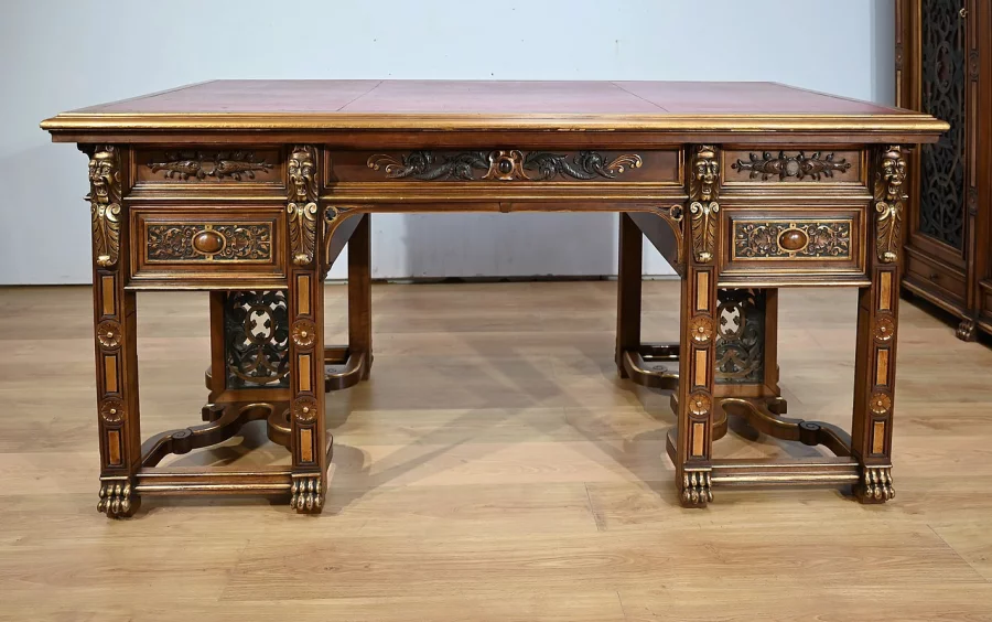 Rares Cabinet de Travail et Bureau en Noyer, Renaissance Italienne – 1900
