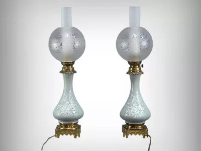 Paire de Lampes à Pétrole électrifiées en Céladon, époque Napoléon III – 2ème partie XIXe